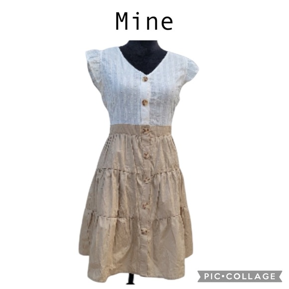 Mine flutter cap Sleeve Button Down White Tan Mini Dress Size Small - Picture 1 of 9
